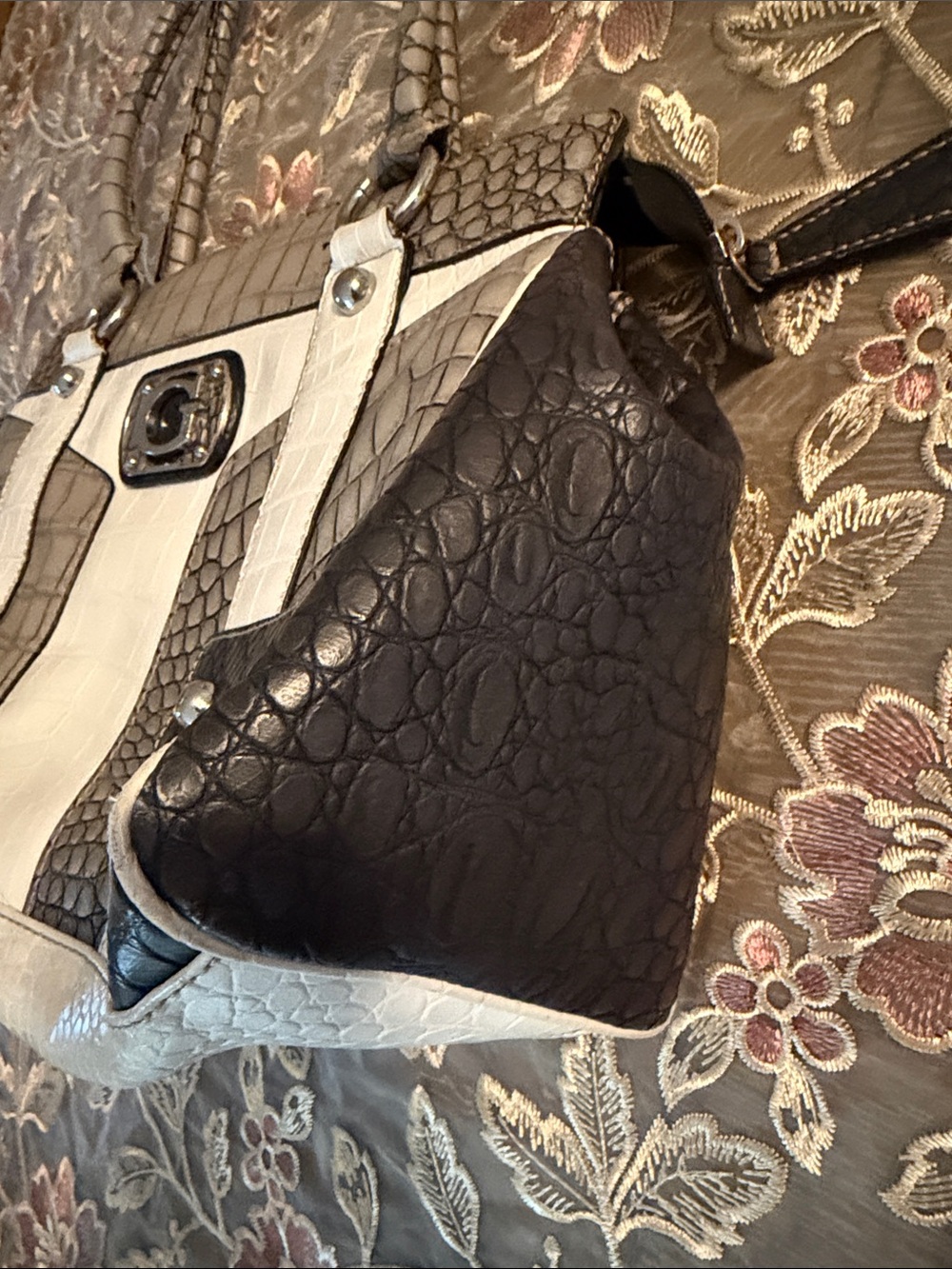 Guess Tri-Tone Faux-Croc Shoulder Bag — Cream, Gray & Black - Picture 3 of 14